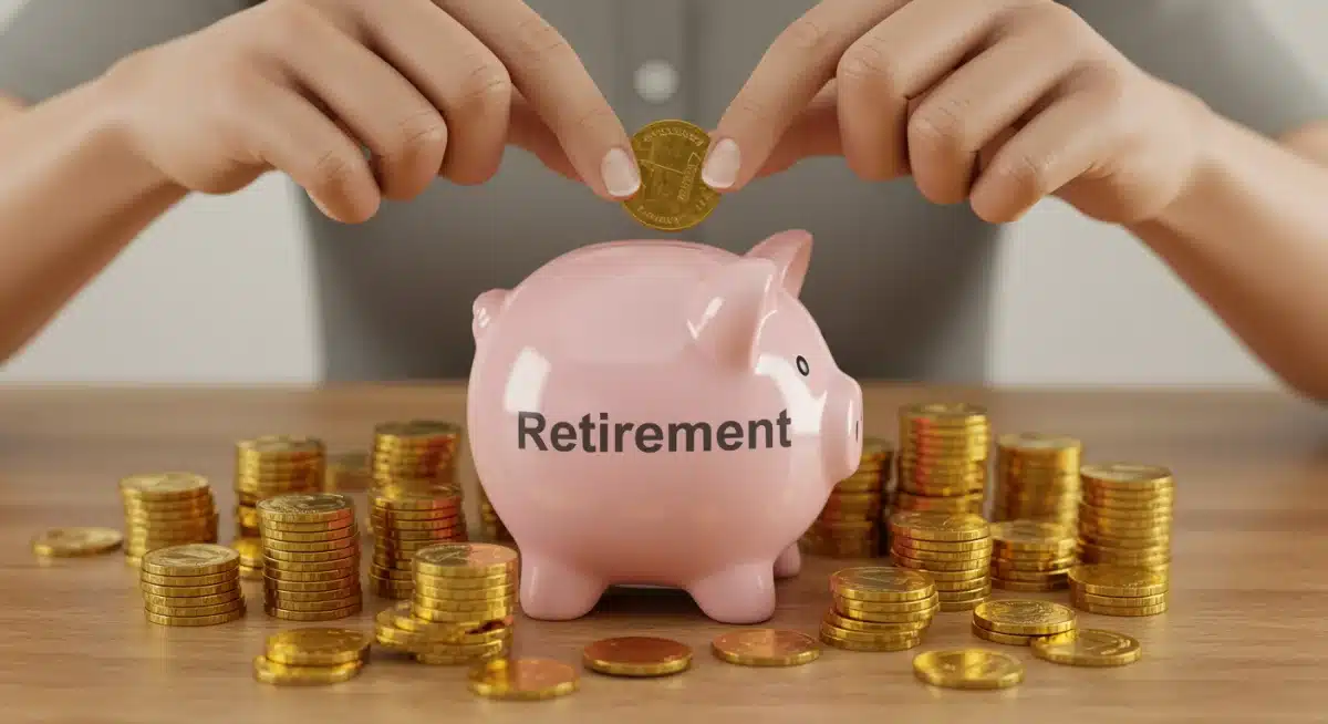 Hands putting coins into a retirement piggy bank