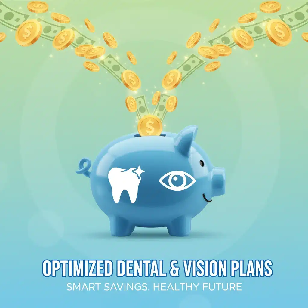 Piggy bank with dental and eye icons, illustrating savings from benefit plans.