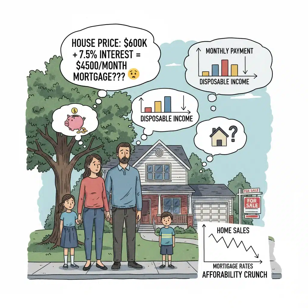 Family contemplating home purchase with 'For Sale' sign, illustrating affordability concerns due to rising mortgage rates.