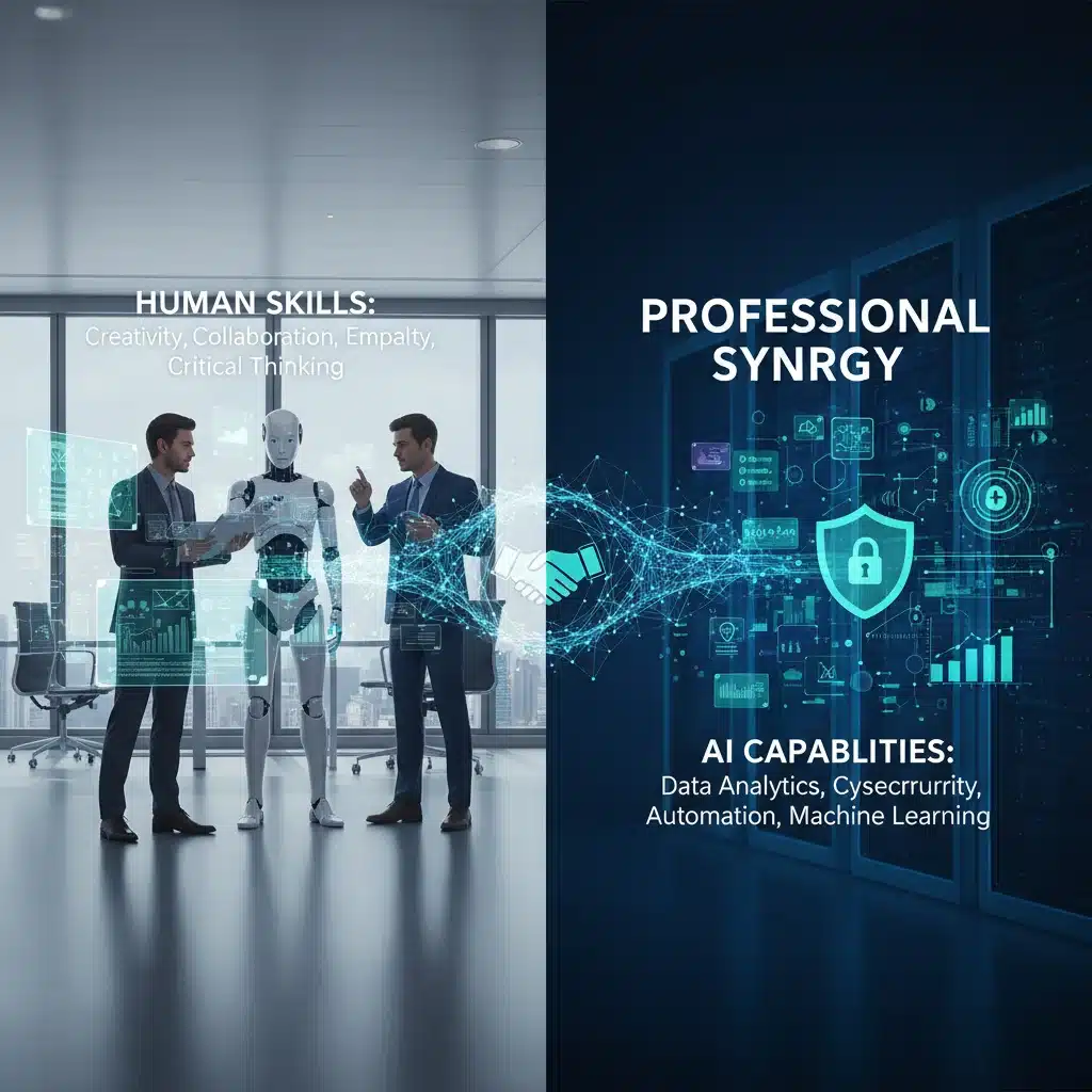 Human-AI collaboration in future workplaces, highlighting essential soft and technical skills.