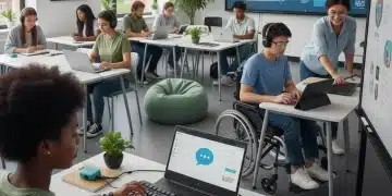 Diverse students using inclusive education technology in a modern classroom