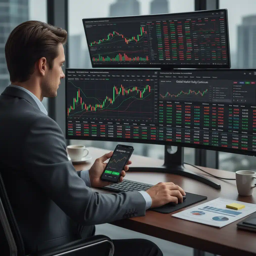 Investor analyzing market trends on multiple screens