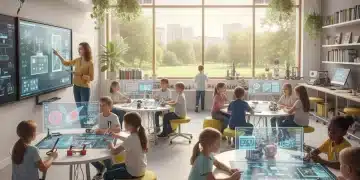 Modern classroom with engaged students and interactive technology