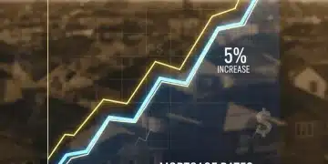 Graph showing a 5% increase in mortgage rates over a housing market background, symbolizing impact on real estate.