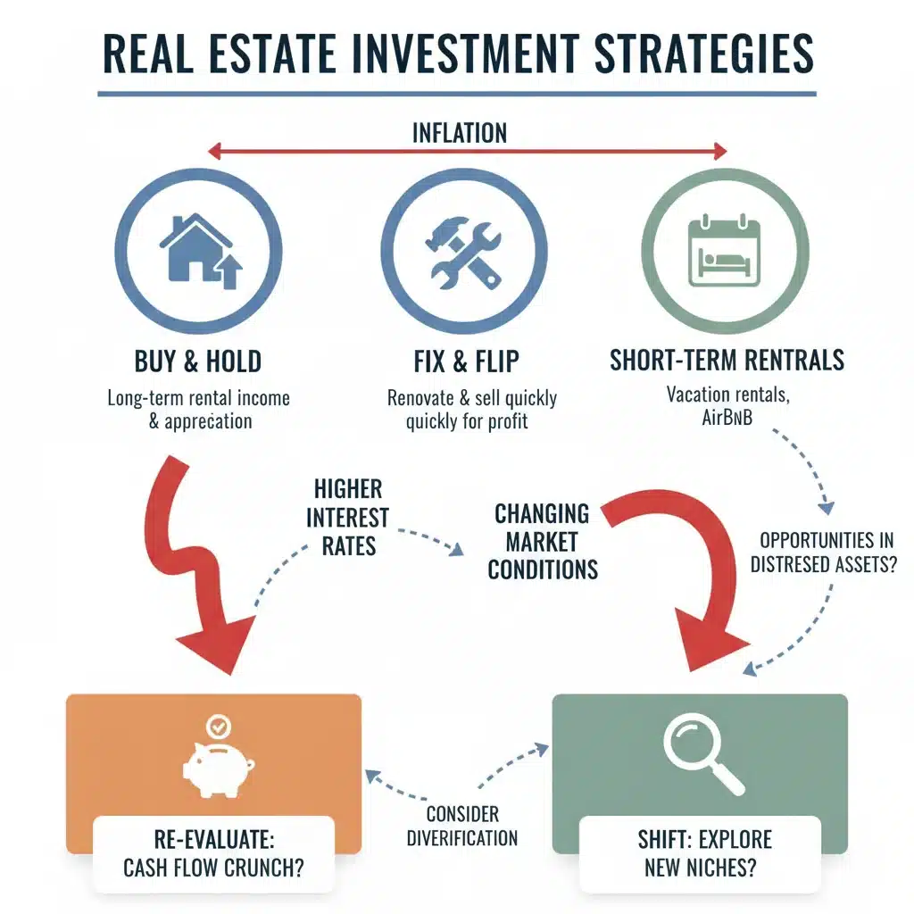 Infographic detailing altered real estate investment strategies like 'Buy and Hold' and 'Fix and Flip' in a high-interest rate environment.