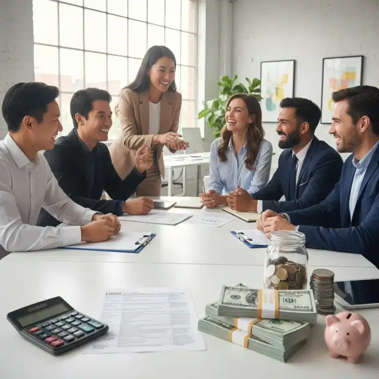 Small business team discussing tax credits for employee benefits in a bright office.