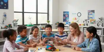 Children building a robot in a modern STEM classroom, symbolizing new education standards.