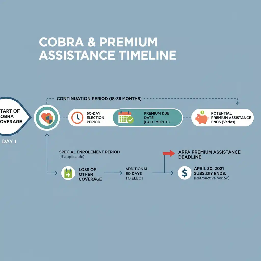Timeline illustrating COBRA coverage periods and assistance deadlines