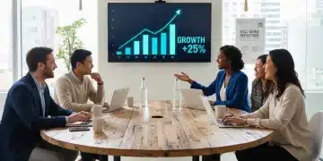 Employees discussing future benefits and compensation in a modern office, symbolizing growth.