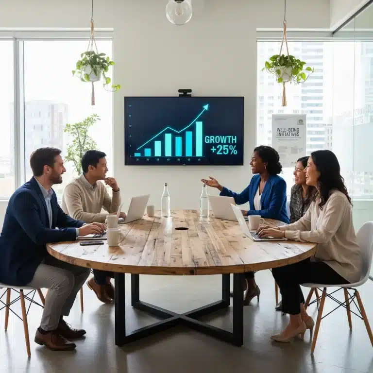 Employees discussing future benefits and compensation in a modern office, symbolizing growth.