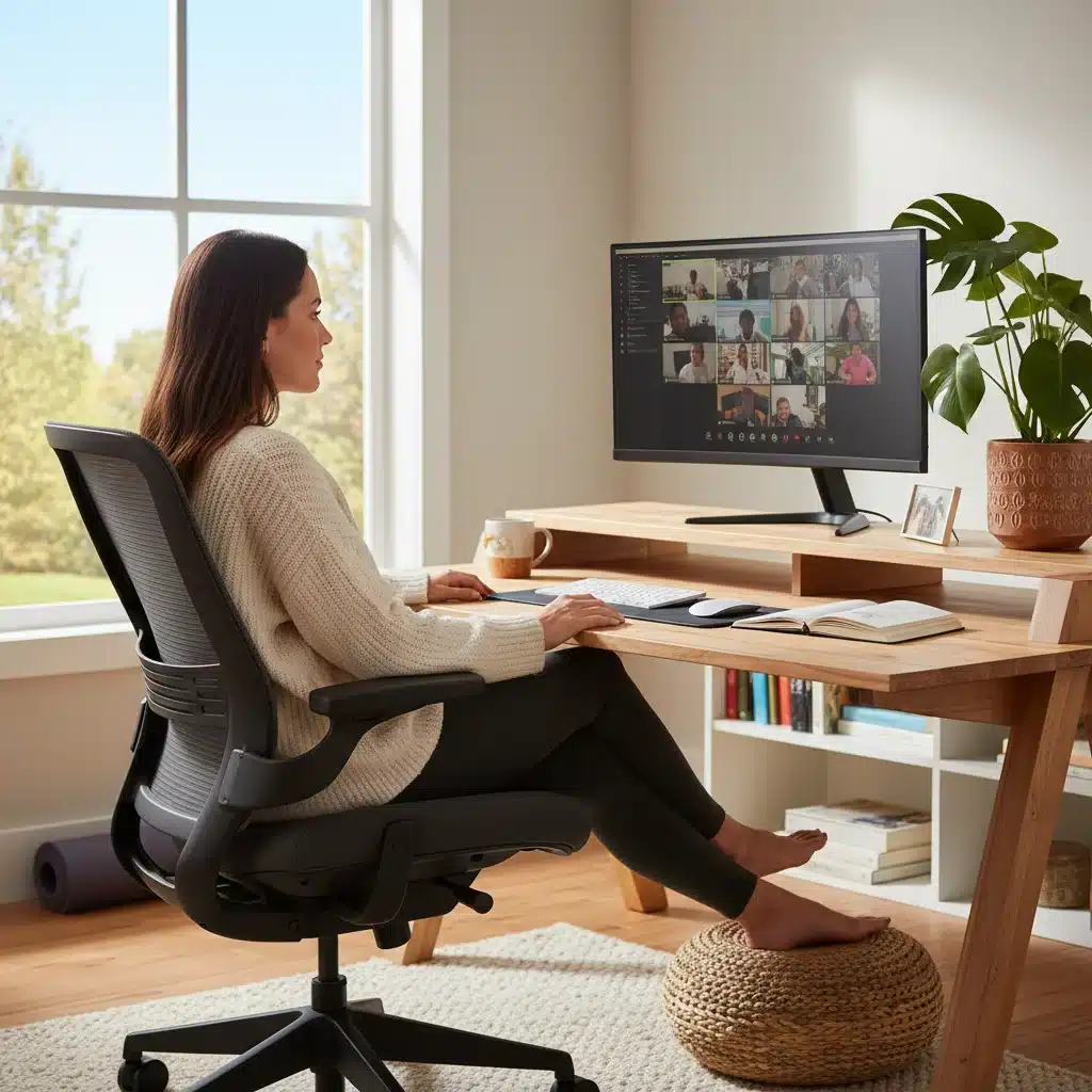 Remote employee in a well-equipped home office, representing flexible work arrangements.