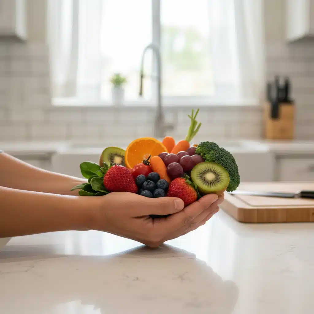 Hands holding fresh fruits and vegetables, symbolizing healthy lifestyle and disease prevention.