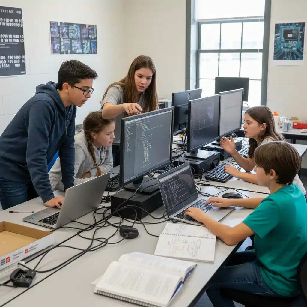 Middle school students collaborating on a coding project in a computer lab.