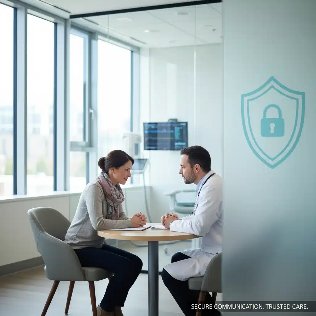 Patient and doctor discussing confidential medical information in a clinic
