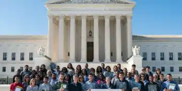 Supreme Court building with diverse individuals representing healthcare privacy impact