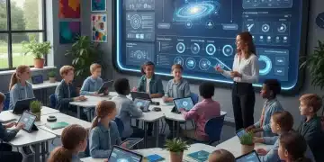 Students and teacher engaging with AI in a modern K-12 classroom setting in 2026