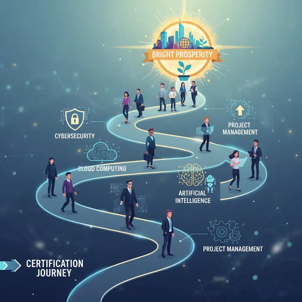 Infographic showing career roadmap with diverse professionals and certification icons