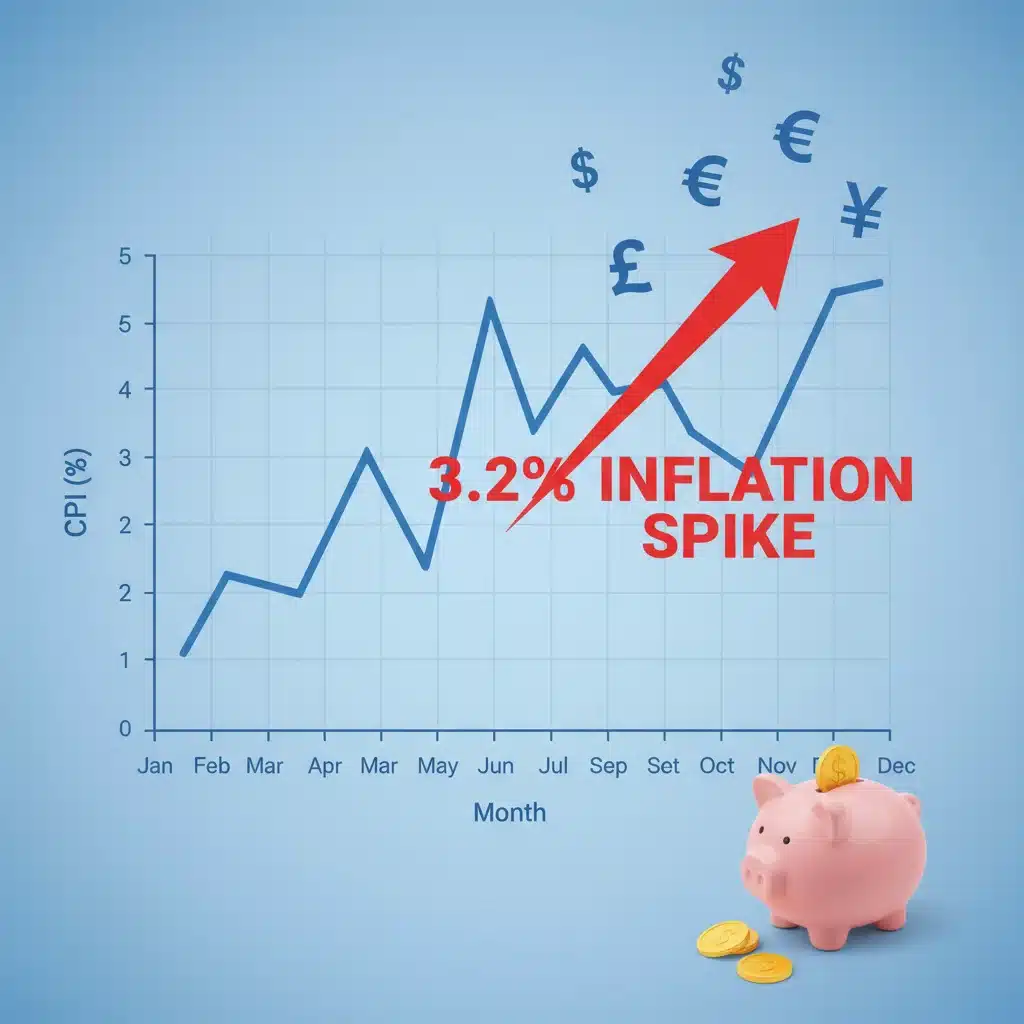 Economic graph showing 3.2% CPI inflation trend with currency symbols and piggy bank.