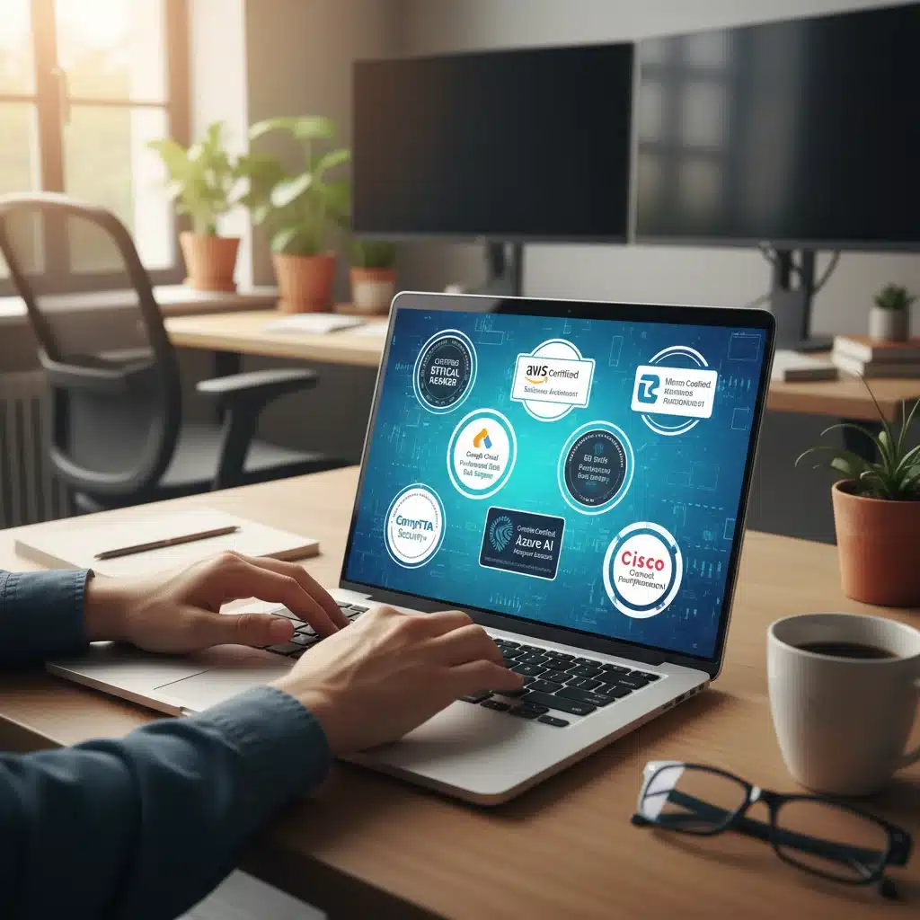 Hands typing on laptop with digital tech certification badges on screen