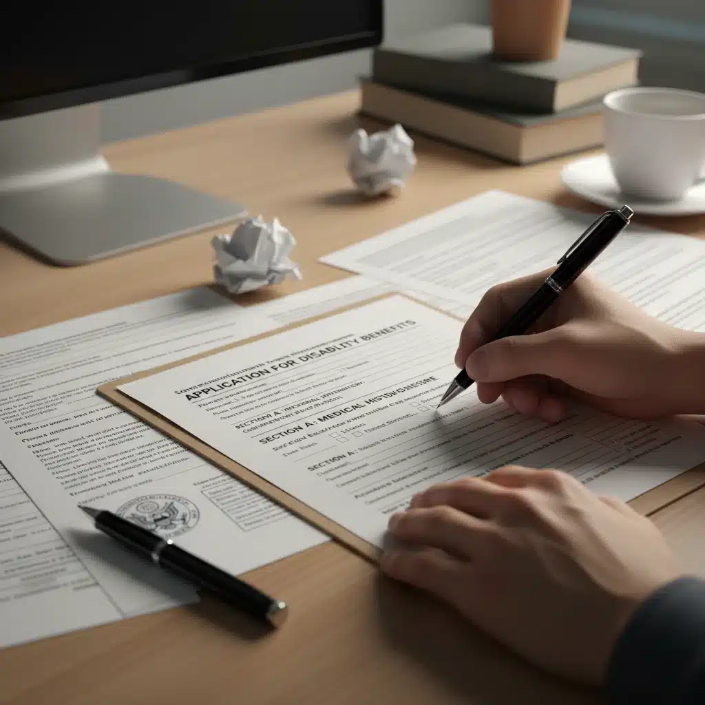 Hands filling out disability benefit application forms with a pen.