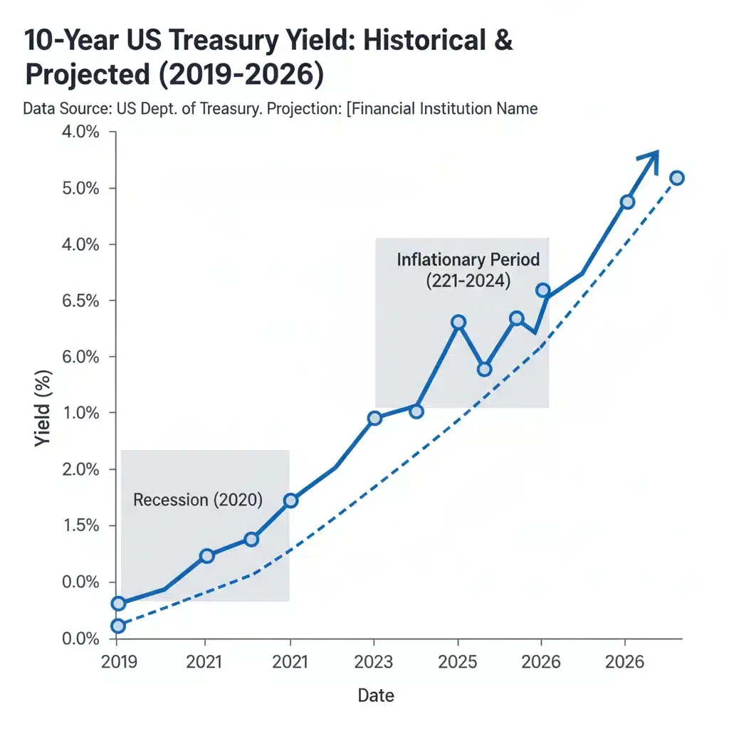 Graph illustrating historical and projected 10-year US Treasury yield trends up to 2026, highlighting market movements.