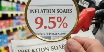 Magnifying glass over inflation data, showing economic impact on daily expenses.