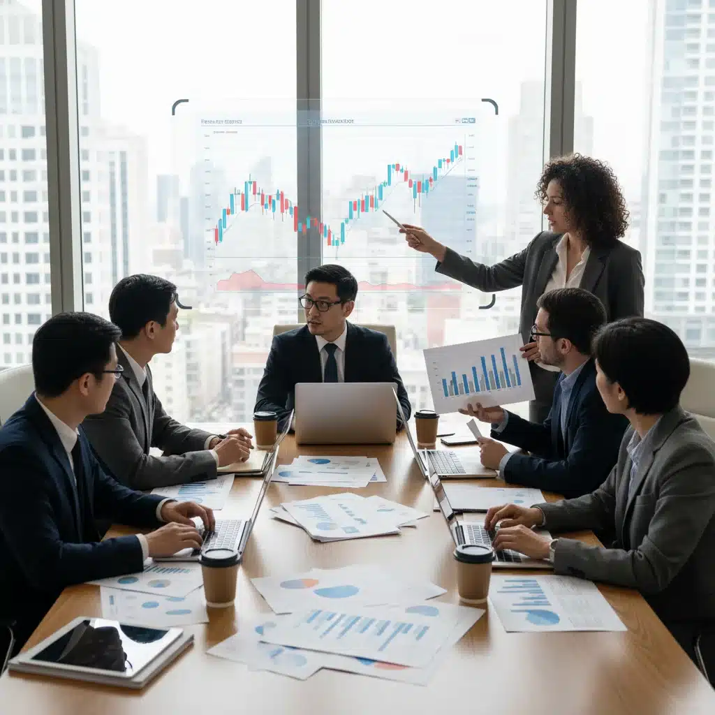 Investors collaborating on fixed-income portfolio strategies, discussing market trends and making informed decisions.
