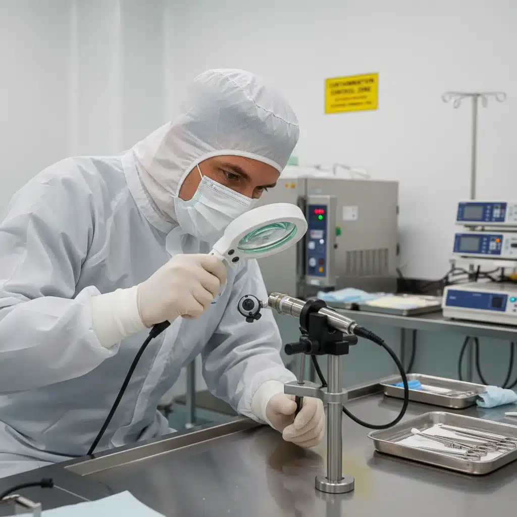 Healthcare professional inspecting medical device for contamination