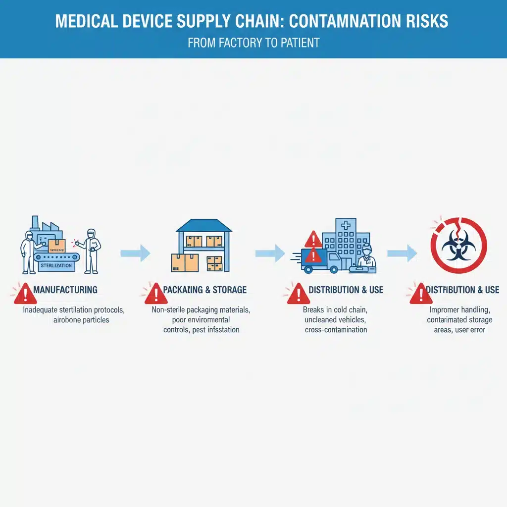Infographic showing medical device supply chain contamination risks