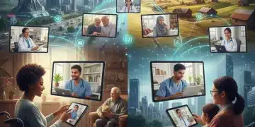 Diverse patients and doctors using telehealth technology for virtual appointments, representing nationwide access.