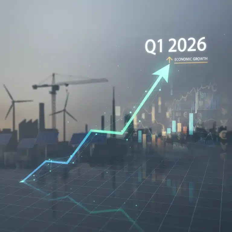 Economic growth chart for Q1 2026 with investment symbols