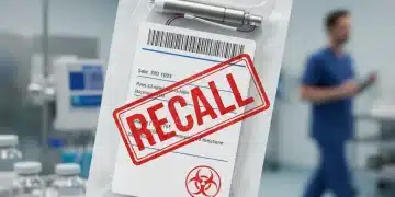 Red 'RECALL' stamp on contaminated medical device packaging