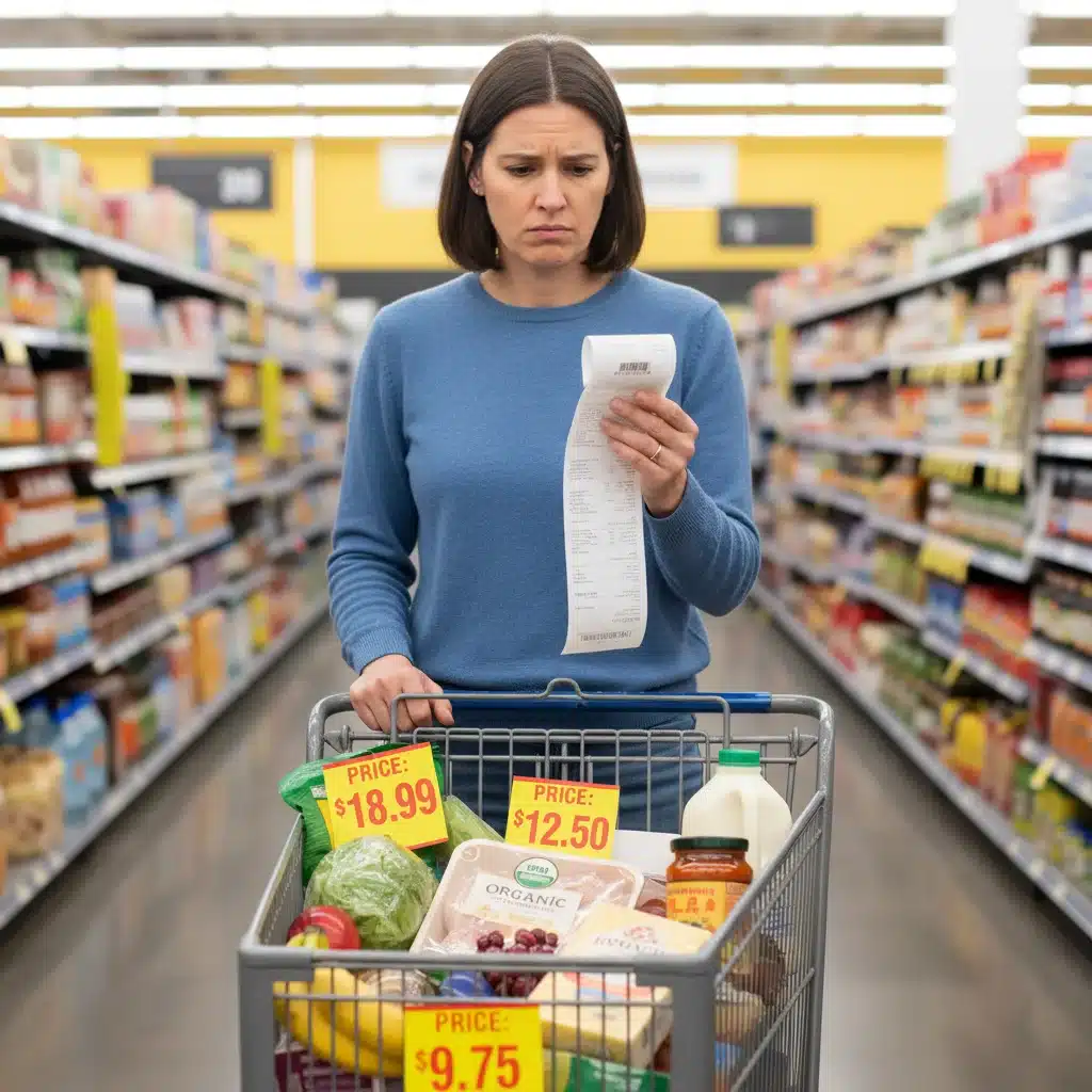 Shopping cart with groceries, illustrating rising food prices and cost of living.