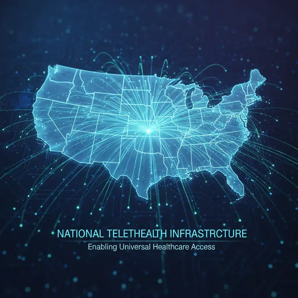 Digital network overlay on US map, representing telehealth infrastructure and national connectivity.