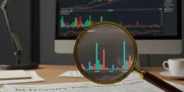 Financial newspaper showing Treasury yields data with a magnifying glass, symbolizing detailed analysis of the bond market.
