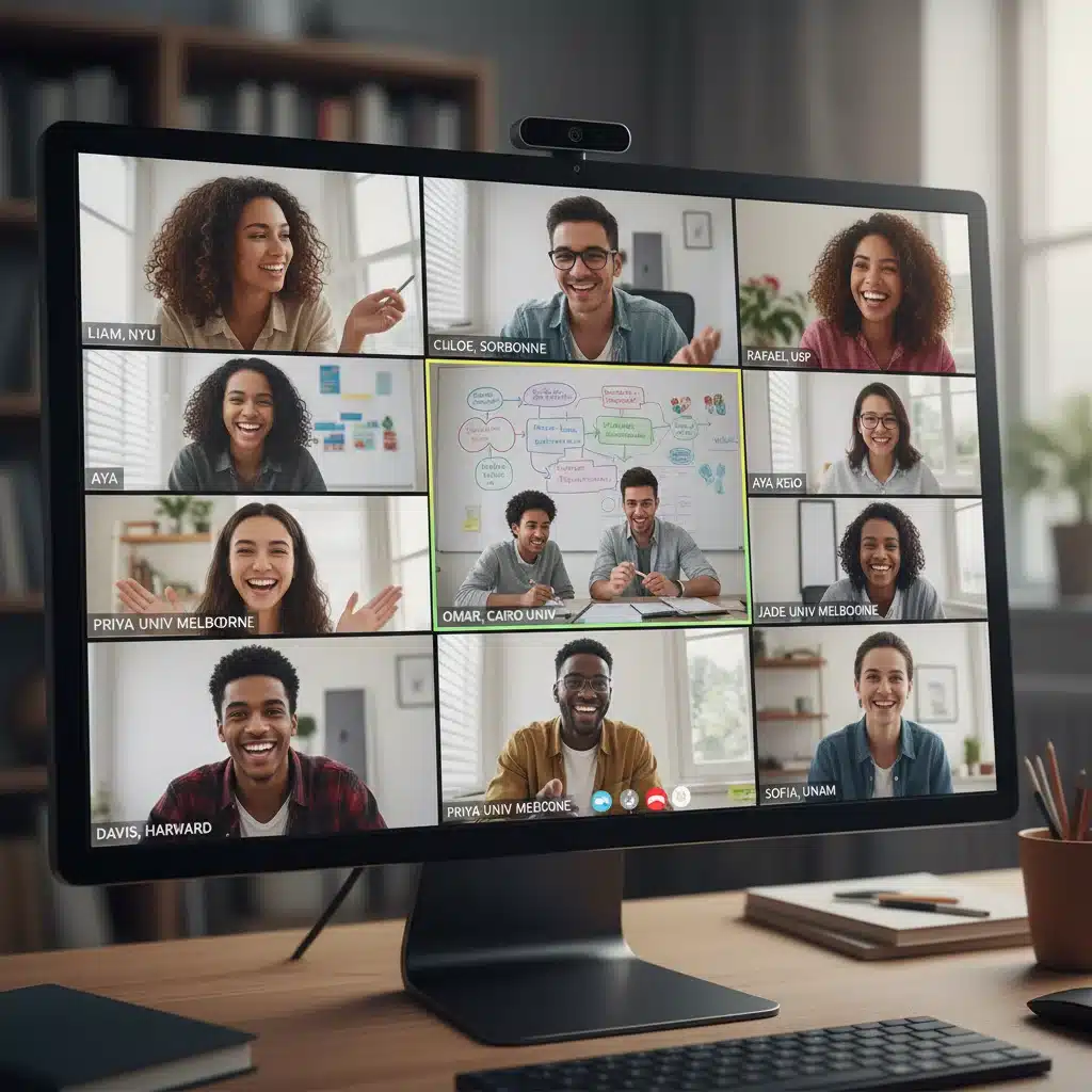 Diverse students collaborating virtually on a project