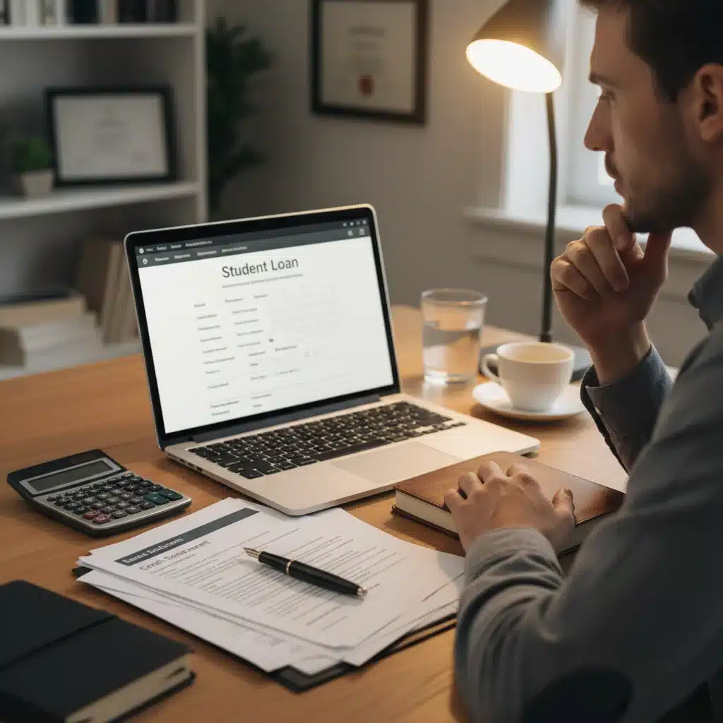Individual reviewing student loan application and financial documents.