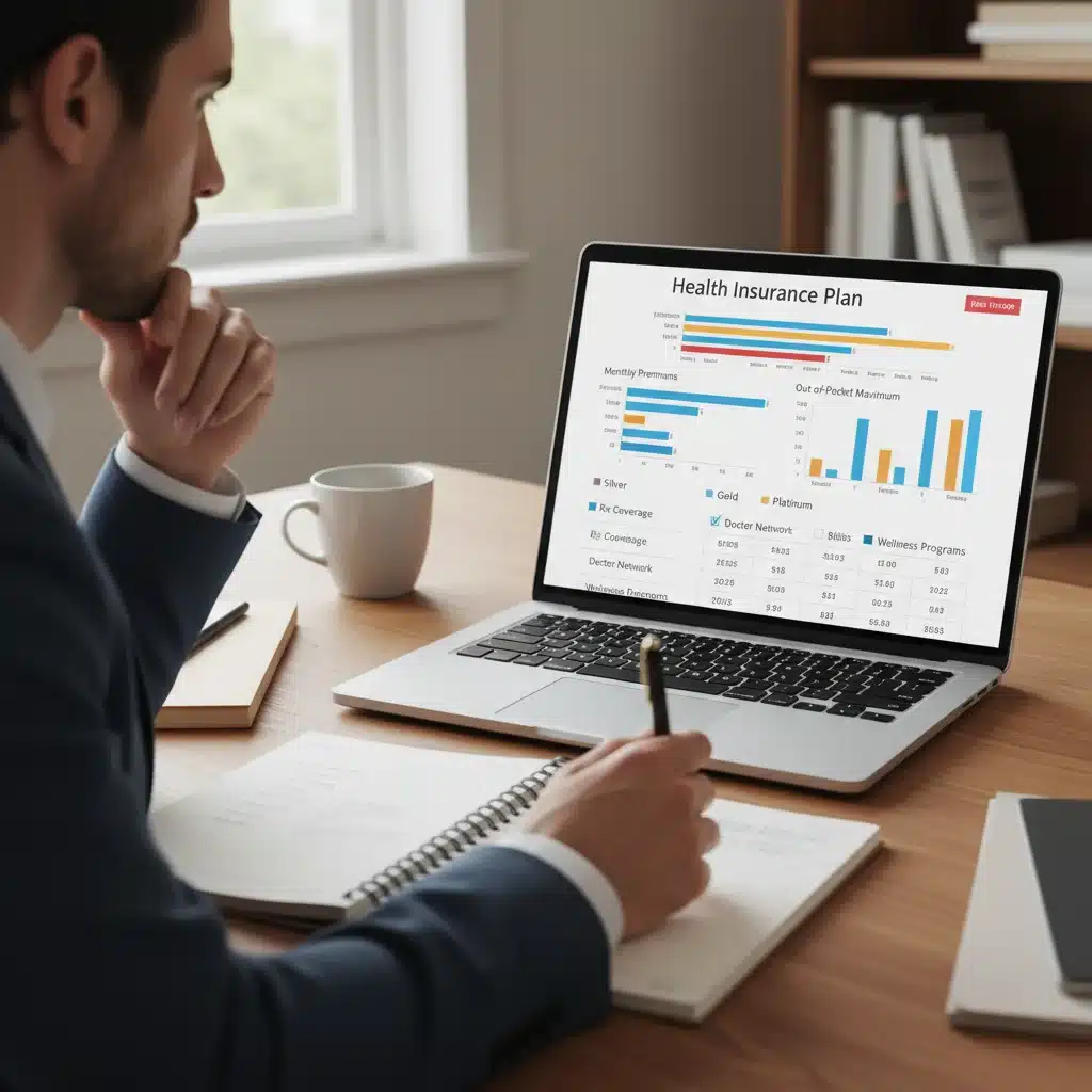Individual comparing health insurance plans and benefit options on a computer.