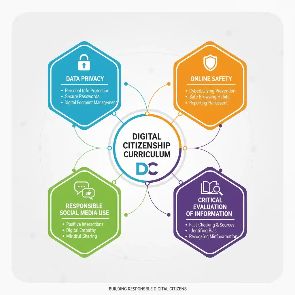 Infographic illustrating key components of digital citizenship curriculum