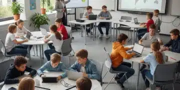 Students learning digital literacy skills with technology in a modern classroom setting