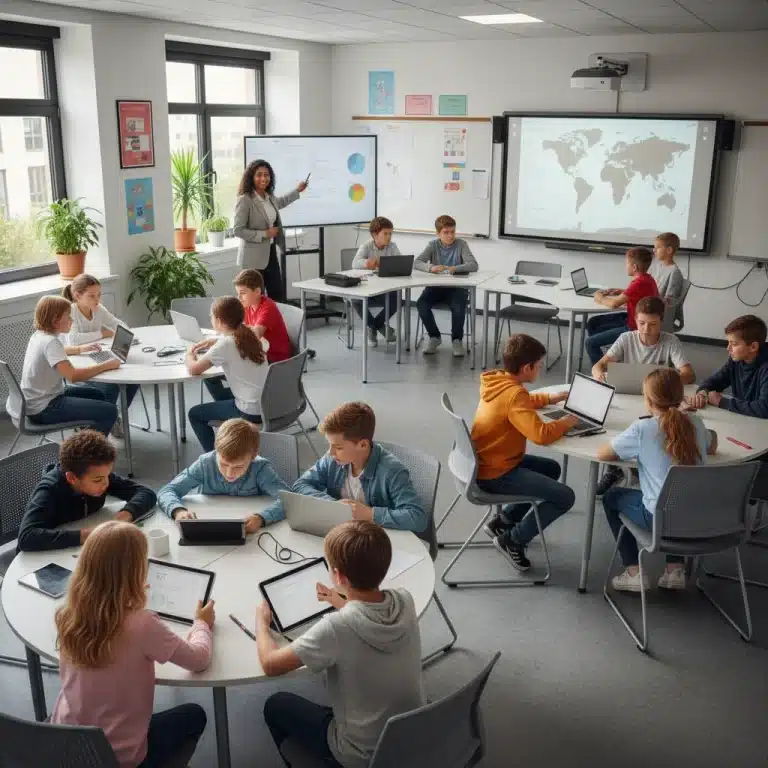 Students learning digital literacy skills with technology in a modern classroom setting