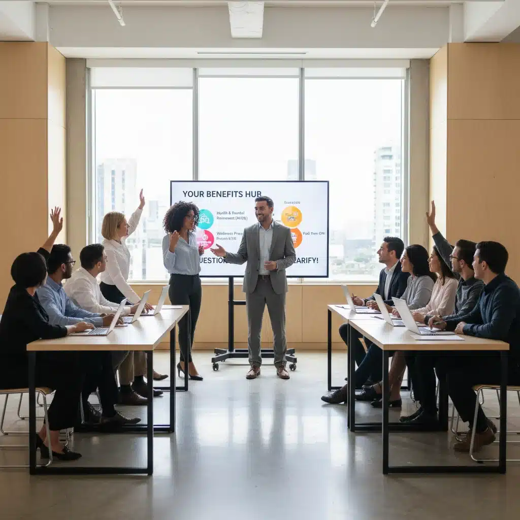 Employees attending a benefits information session, actively engaging with a presenter.