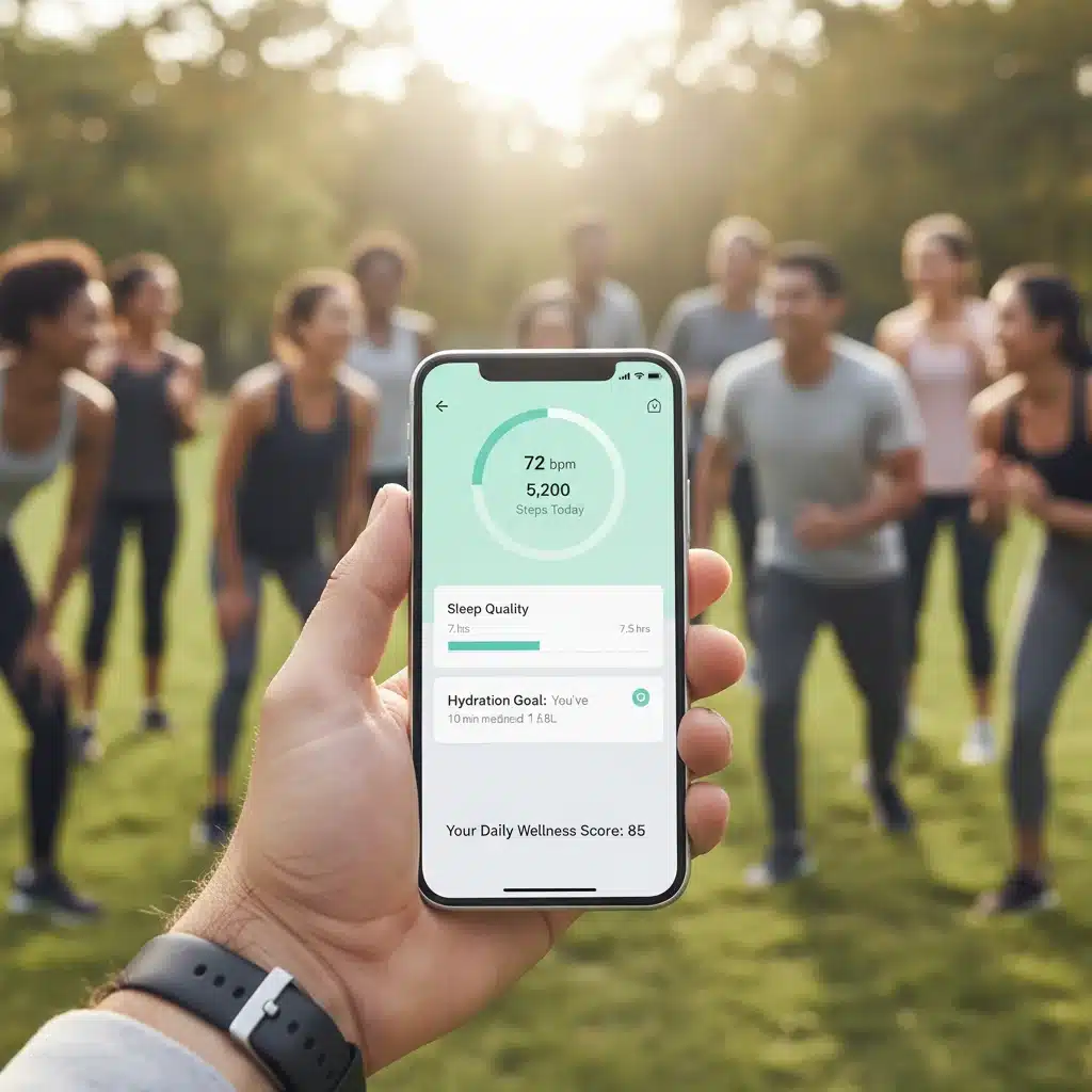 Employee using a wellness app on a smartphone, promoting engagement in health programs.