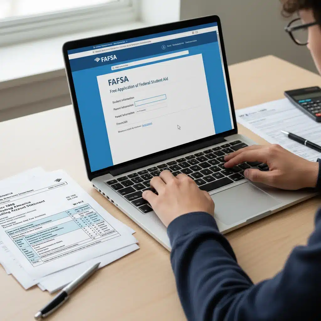 Student completing FAFSA application on laptop with financial documents