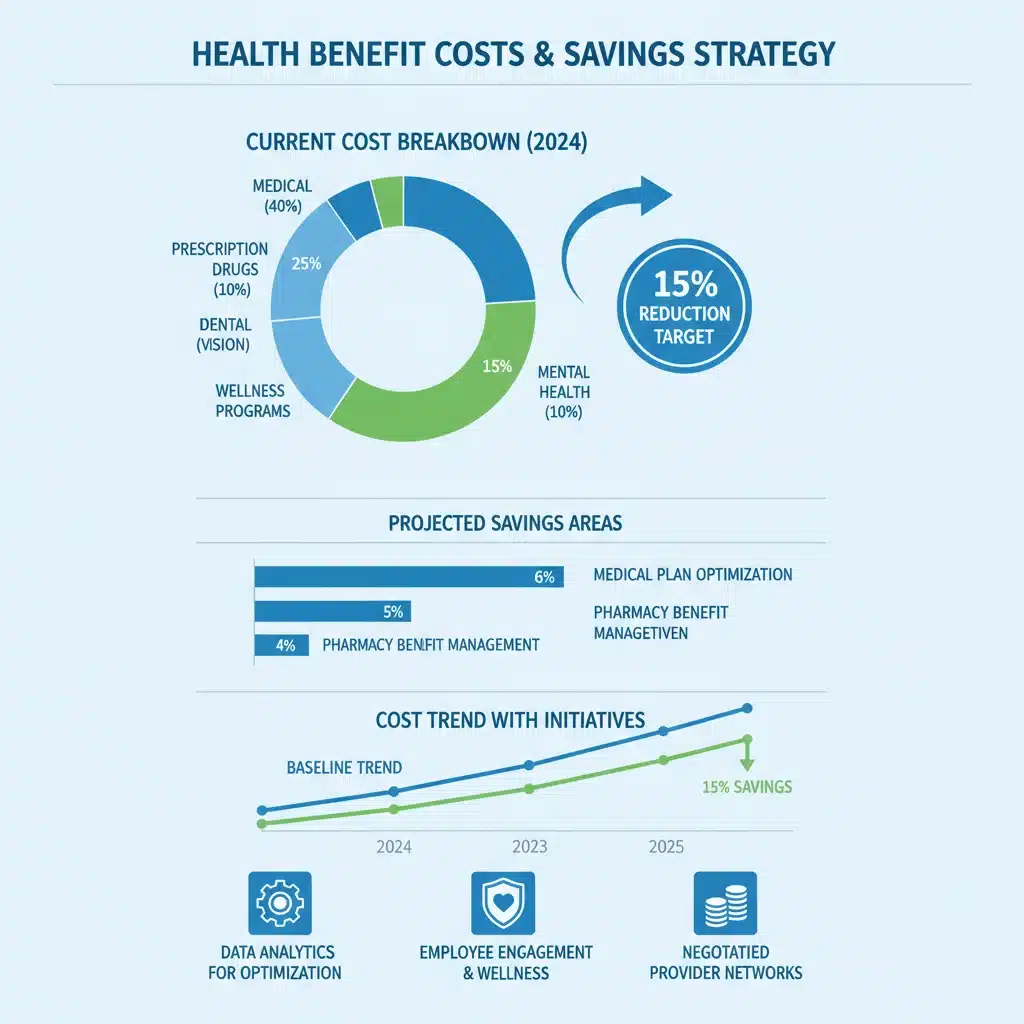 Infographic detailing health benefit cost reduction strategies and potential savings.
