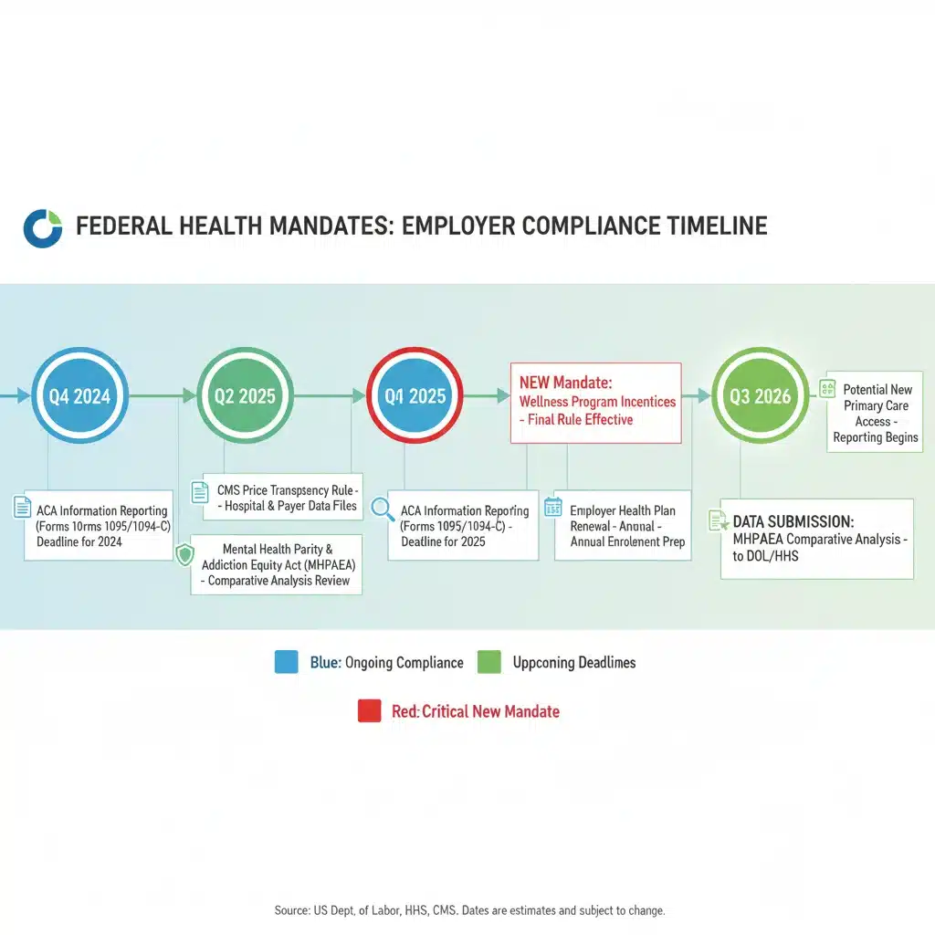 Timeline of federal health mandate implementation and compliance deadlines