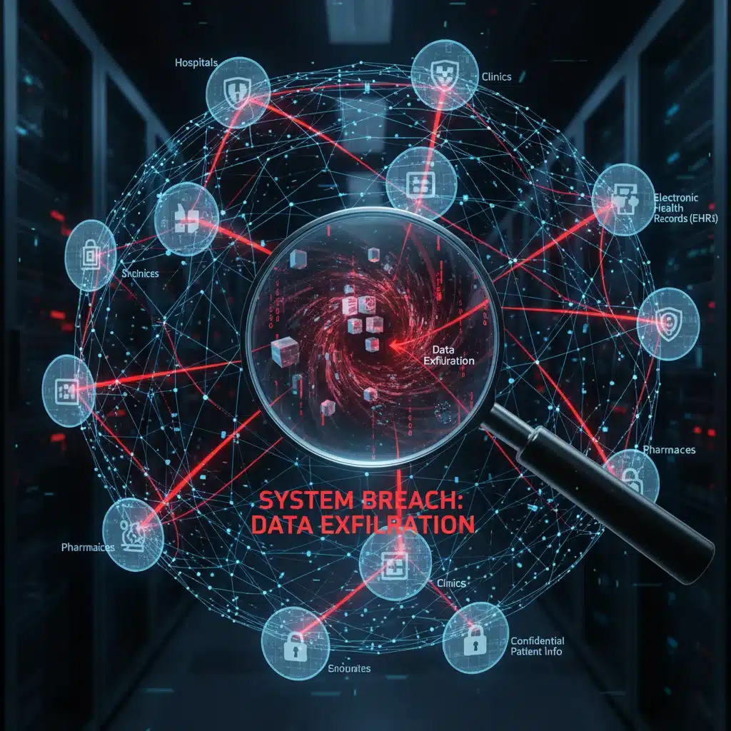 Interconnected healthcare systems with vulnerabilities highlighted, showing data exfiltration complexity.