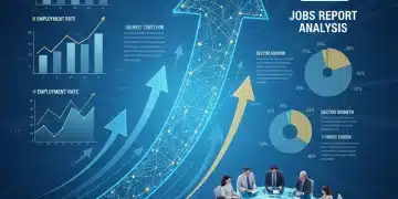 Infographic showing key economic data and trends for the January 2026 Jobs Report, with upward arrows and business people.