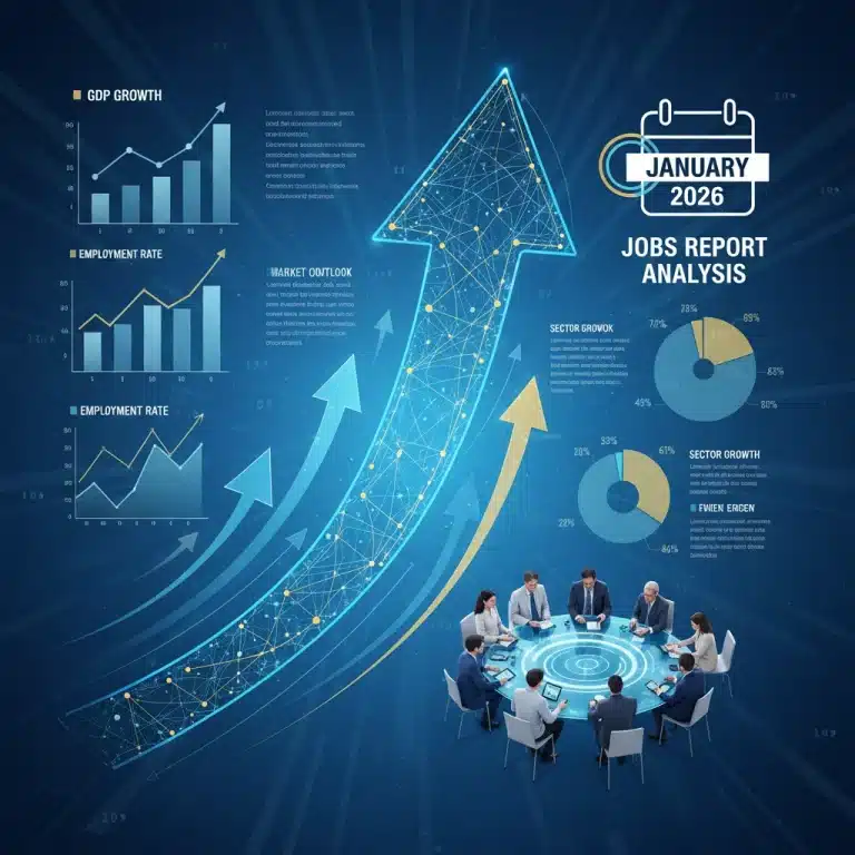 Infographic showing key economic data and trends for the January 2026 Jobs Report, with upward arrows and business people.