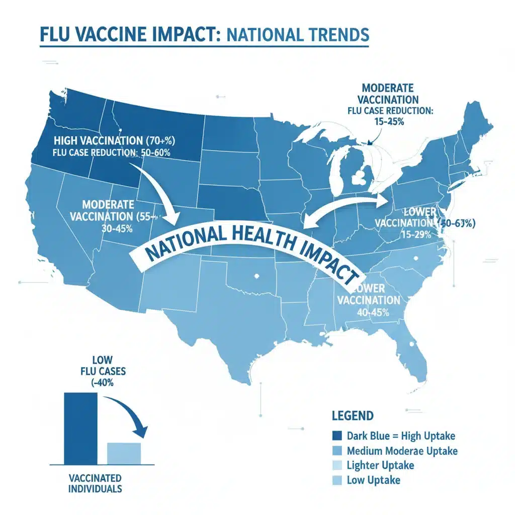 USA map infographic showing regional flu case decreases due to vaccine uptake.